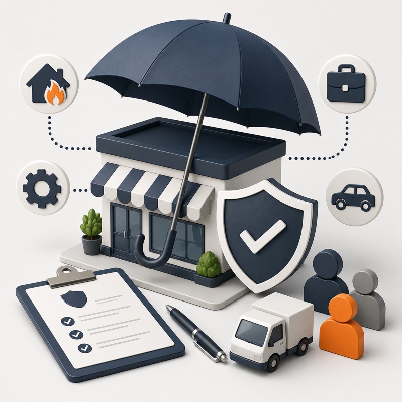 Business insurance illustration with a storefront protected by an umbrella and shield, surrounded by property, liability, and vehicle coverage icons