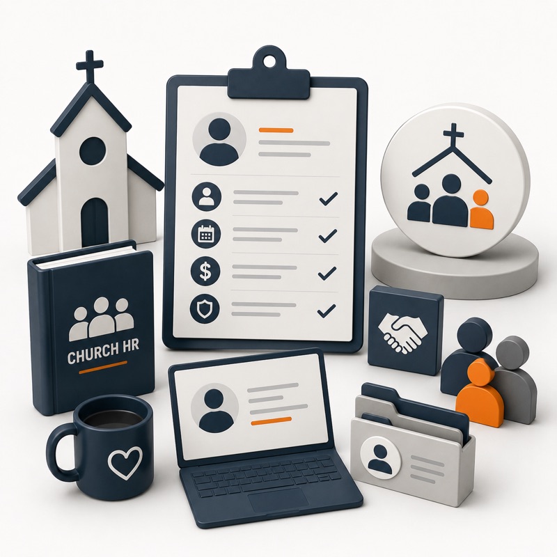 Church HR illustration with a chapel, a Church HR handbook, an employee checklist clipboard, a laptop, and a handshake