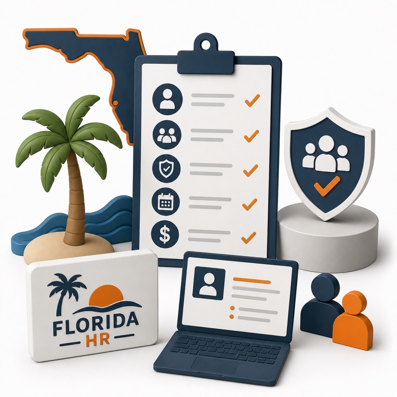 Florida HR illustration with a state outline, palm tree, laptop, employee checklist, and a shield with a protected employee icon
