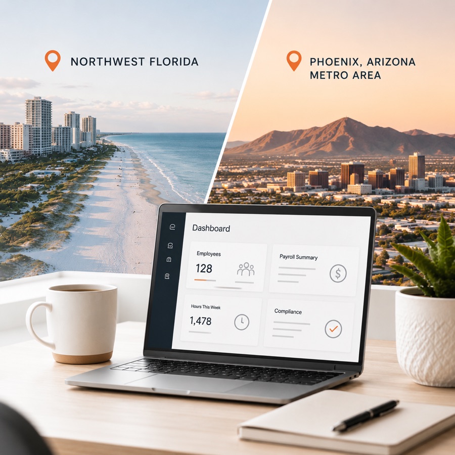 Split view of Northwest Florida's coastline and the Phoenix, Arizona metro area, with a laptop showing a payroll dashboard