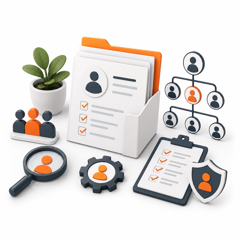HR management illustration with an employee profile checklist, laptop, handshake, and contact folder