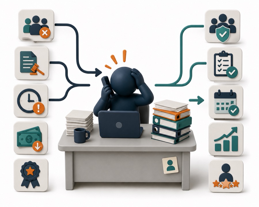 Illustration of an overwhelmed employee at a cluttered desk, surrounded by icons of HR problems on one side and solved outcomes on the other