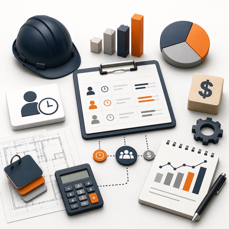 Job costing illustration with a construction hard hat, blueprints, a worker time-tracking clipboard, calculator, and cost breakdown charts