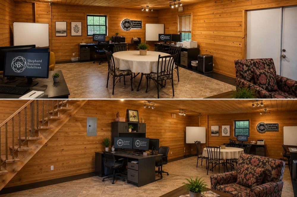 Inside the Shepherd Business Solutions office in Pensacola, FL, showing workstations and a meeting area