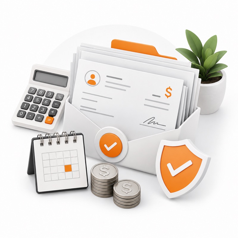 Payroll processing illustration with a pay stub, calculator, calendar, coin stacks, and a security checkmark shield