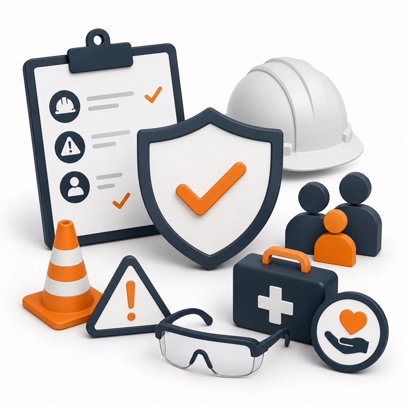 Workplace safety illustration with a hard hat, safety glasses, first aid kit, traffic cone, warning sign, and an inspection checklist