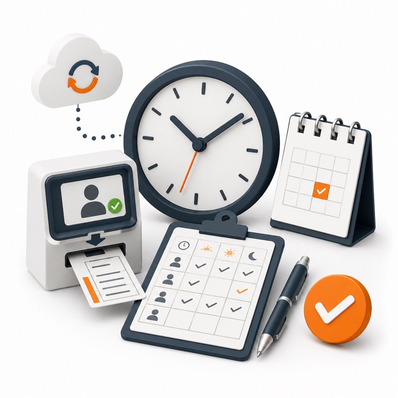 Timekeeping illustration with a wall clock, employee badge time clock, attendance schedule checklist, and cloud sync icon
