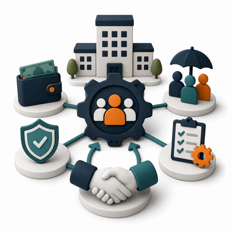 PEO illustration showing a central HR hub connected to a company building, payroll wallet, benefits umbrella, compliance checklist, and a handshake